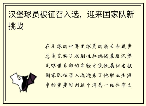 汉堡球员被征召入选，迎来国家队新挑战