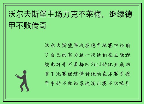 沃尔夫斯堡主场力克不莱梅，继续德甲不败传奇