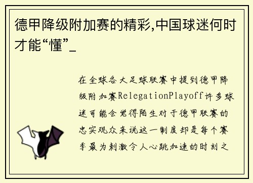 德甲降级附加赛的精彩,中国球迷何时才能“懂”_