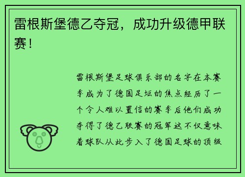雷根斯堡德乙夺冠，成功升级德甲联赛！