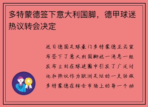 多特蒙德签下意大利国脚，德甲球迷热议转会决定