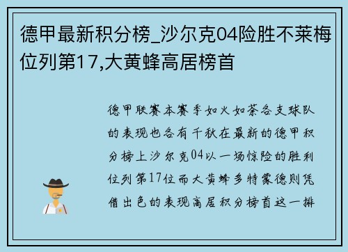 德甲最新积分榜_沙尔克04险胜不莱梅位列第17,大黄蜂高居榜首