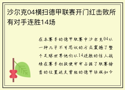 沙尔克04横扫德甲联赛开门红击败所有对手连胜14场
