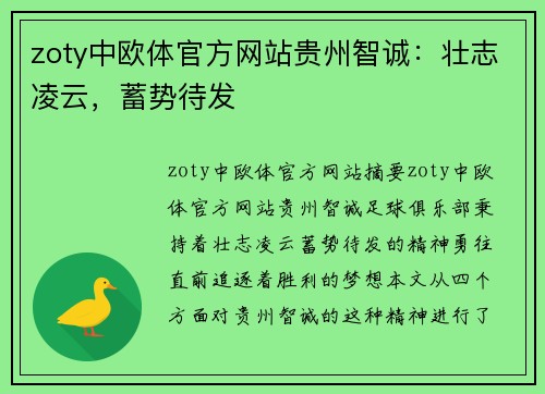 zoty中欧体官方网站贵州智诚：壮志凌云，蓄势待发
