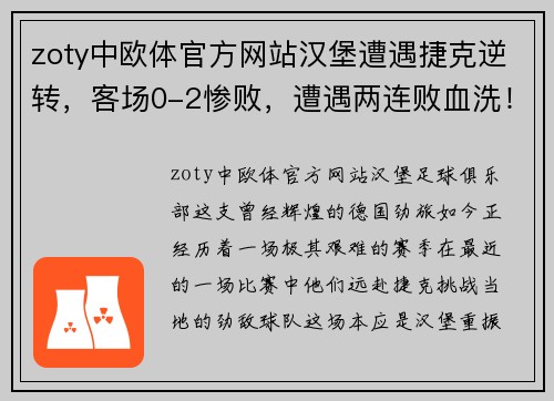 zoty中欧体官方网站汉堡遭遇捷克逆转，客场0-2惨败，遭遇两连败血洗！