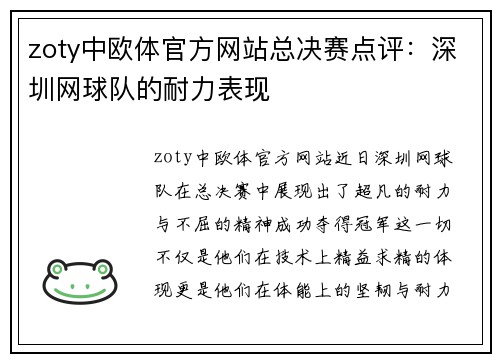 zoty中欧体官方网站总决赛点评：深圳网球队的耐力表现