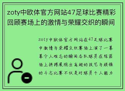 zoty中欧体官方网站47足球比赛精彩回顾赛场上的激情与荣耀交织的瞬间