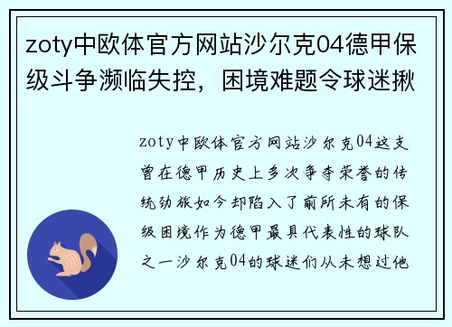 zoty中欧体官方网站沙尔克04德甲保级斗争濒临失控，困境难题令球迷揪心