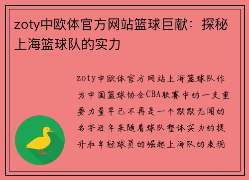zoty中欧体官方网站篮球巨献：探秘上海篮球队的实力