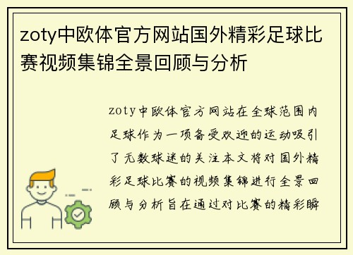 zoty中欧体官方网站国外精彩足球比赛视频集锦全景回顾与分析