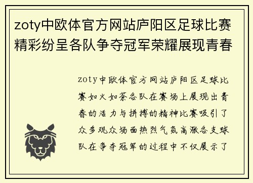 zoty中欧体官方网站庐阳区足球比赛精彩纷呈各队争夺冠军荣耀展现青春风采